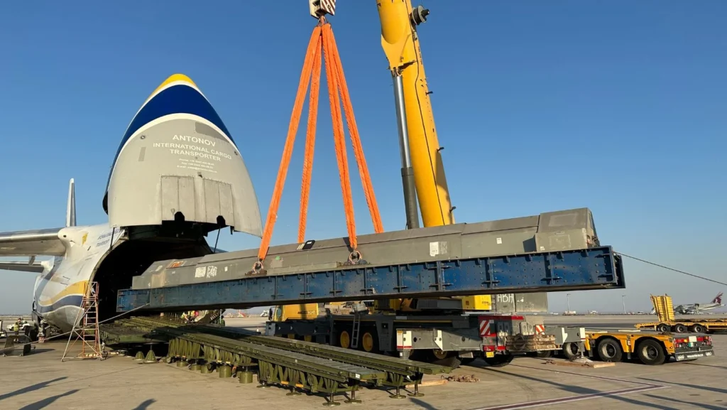 Oversized cargo being loaded onto an Antonov Airlines aircraft